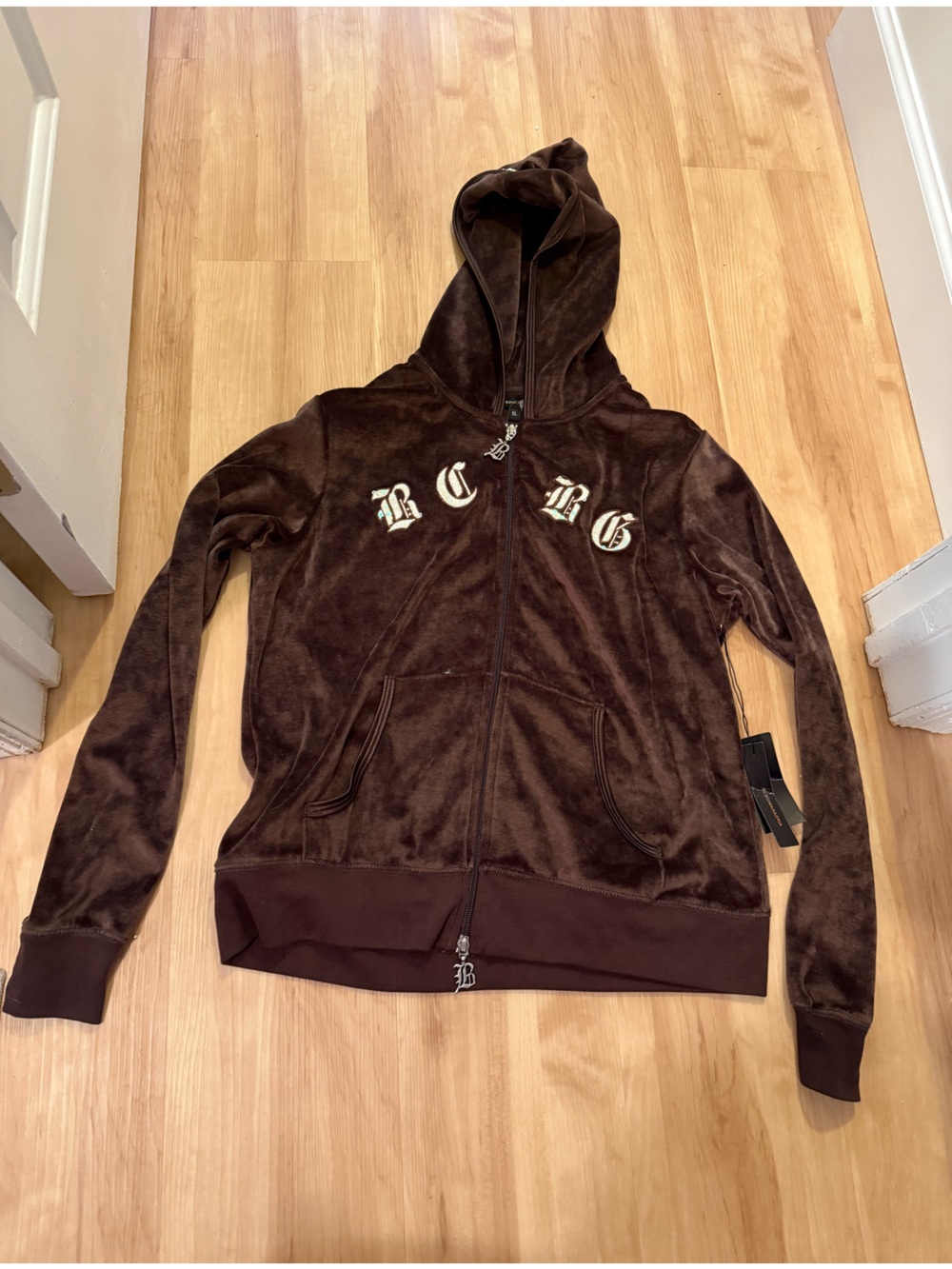 BCBG Chocolate Brown Velour Zip Hoodie